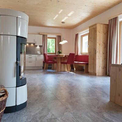 La luminosa zona giorno dell'appartamento con una moderna stufa a camino, arredi in legno e un'accogliente zona pranzo.