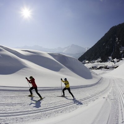 Due sciatori di fondo su una pista nel paesaggio invernale soleggiato con vista sulle montagne.