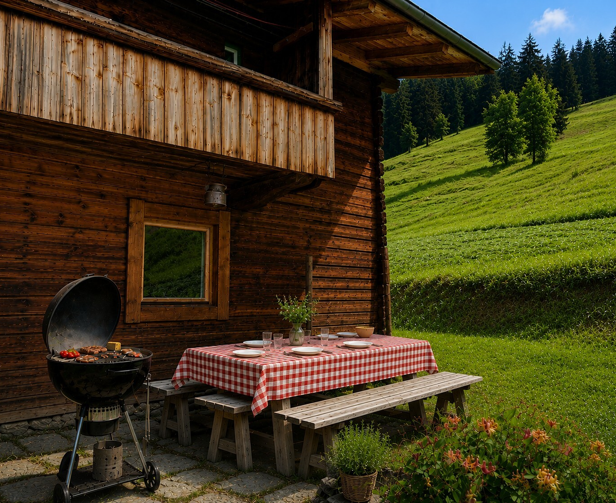 L'invitante terrazza dell'alm con un barbecue e un tavolo in legno apparecchiato di fronte a un idilliaco prato di montagna.