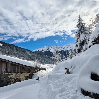 L'Alm innevata con facciata in pietra e legno, circondata da neve profonda e un sentiero escursionistico invernale in montagna.