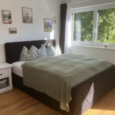 Un'accogliente camera doppia del Bed and Breakfast, dotata di un comodo letto, caldi pavimenti in legno e un'ampia finestra luminosa con vista sul verde.