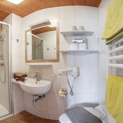 Bagno nel Bauernhof con doccia, lavandino, specchio, WC e scaldasalviette.