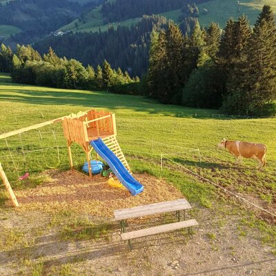 Parco giochi per bambini nell'agriturismo con scivolo, altalene e un tavolo da picnic, adiacente a un pascolo di mucche con vista sulle montagne.